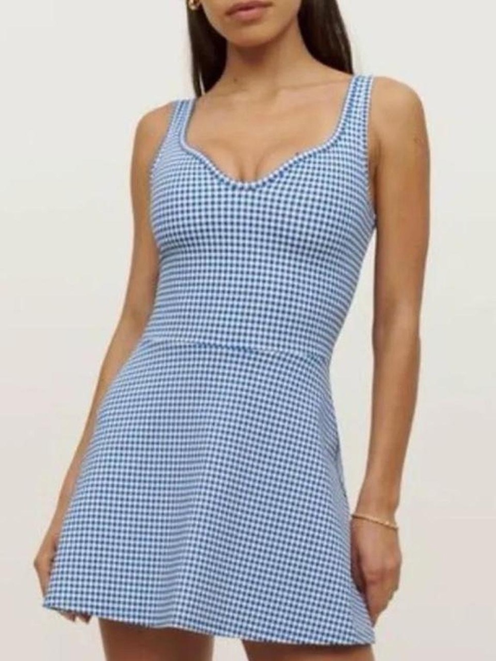 Reformation EcoMove Gingham Sweetheart Active Tennis Dress in Blue/White - L